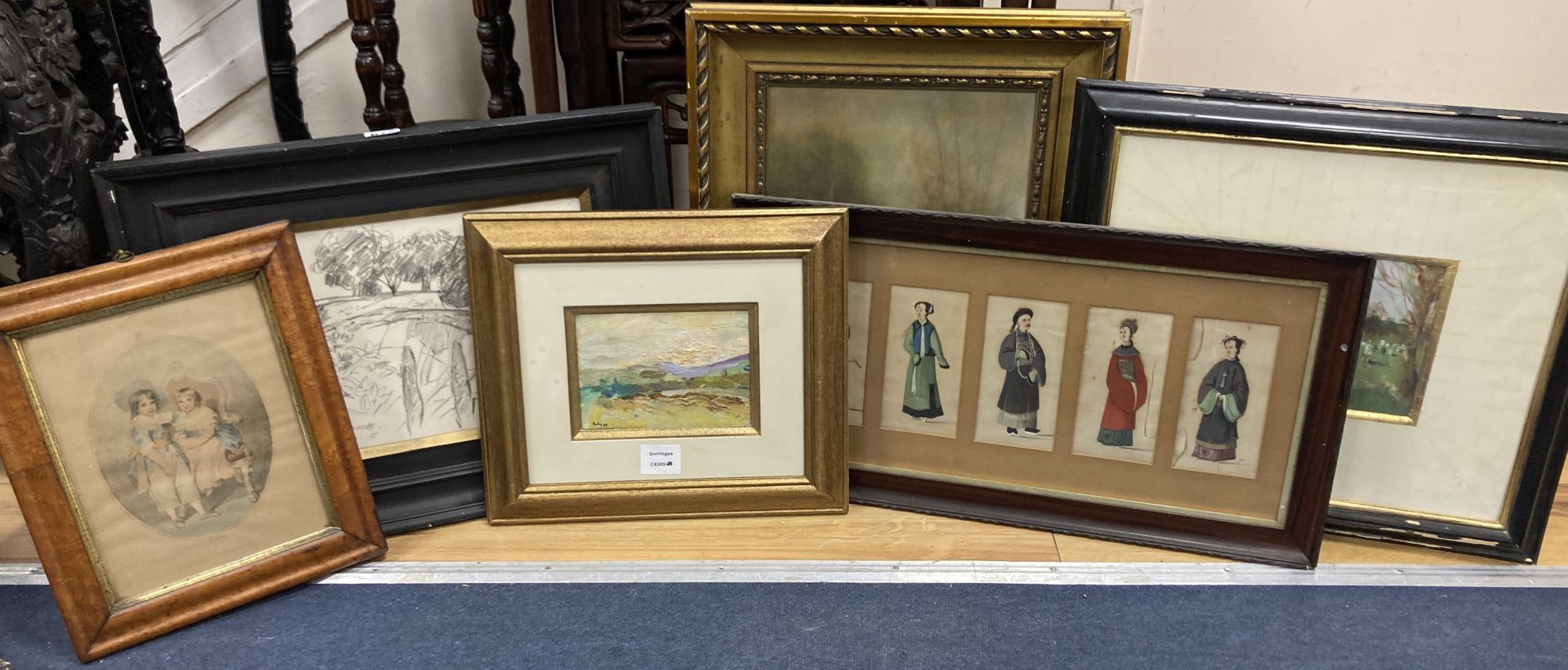 Six assorted paintings and prints including an oil sketch of a cricket match, 15 x 20cm and Chinese gouaches